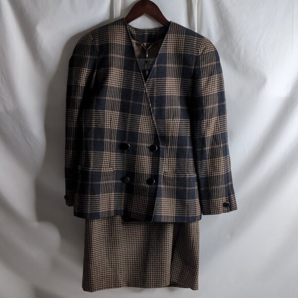 Aquascutum 2-Piece Suit Brown/Tan Houndstooth Skirt/Jacket 100% Wool, Size 8 - Picture 3 of 15
